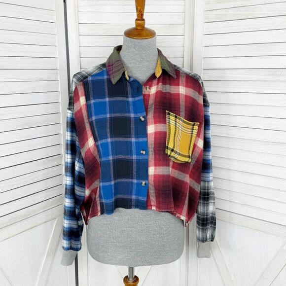 Urban Outfitters Patchwork Mixed Plaid Crop Button Up Shirt XS Long Sleeve - Picture 1 of 13